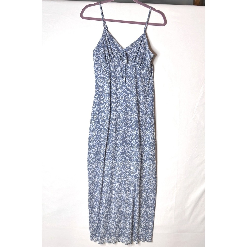 Y2K Babydoll Maxi Dress Sz L Ditzy Floral Bow Sheer Lined Stretch Blue Cottage
